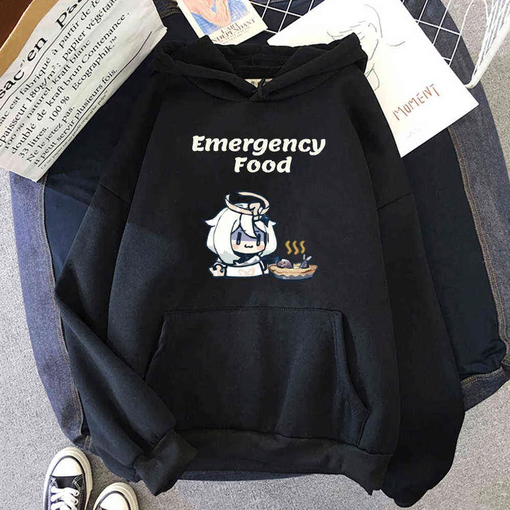 Paimon-Gensshin Impact Hoodie Emergency Food List Drukuj Hoody Kobiety Anime Kpop Clothe High Street Wiosna Jesień Oversized Tops Y0820