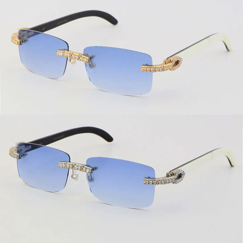 Nouveau modèle fait à la main 2 6 carats diamant serti de lunettes de soleil pour femmes sans monture blanc à l'intérieur noir corne de buffle hommes célèbres lentilles UV400 Sun Gla249r