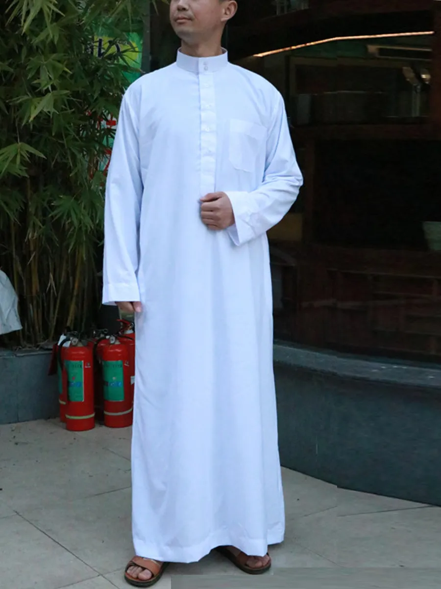 Islamique Homme Popular White Sudanese Islamic Ethnic Clothing Qatar Thobe Arab Worship Robe Thawb Mens Dubai Turk Thobeka Majozi for Islam Thobes Saudi Pria