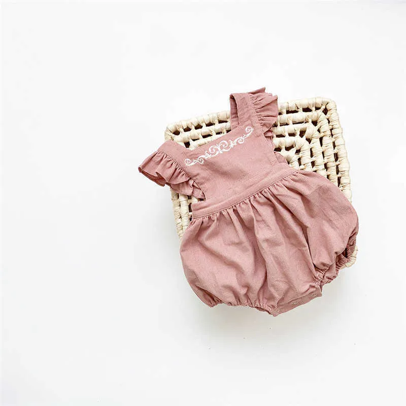 Cordurooy Baby Girlヴィンテージノースリーブロンパース甘い小さな子供春夏の服乳児ピンクの泡プラヤスーツ210619