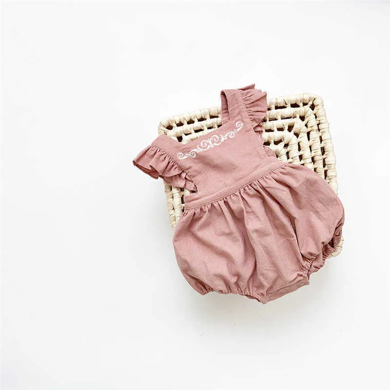 Velours côtelé bébé fille Vintage sans manches barboteuse doux petit enfant printemps été vêtements infantile rose bulle combishorts 210619