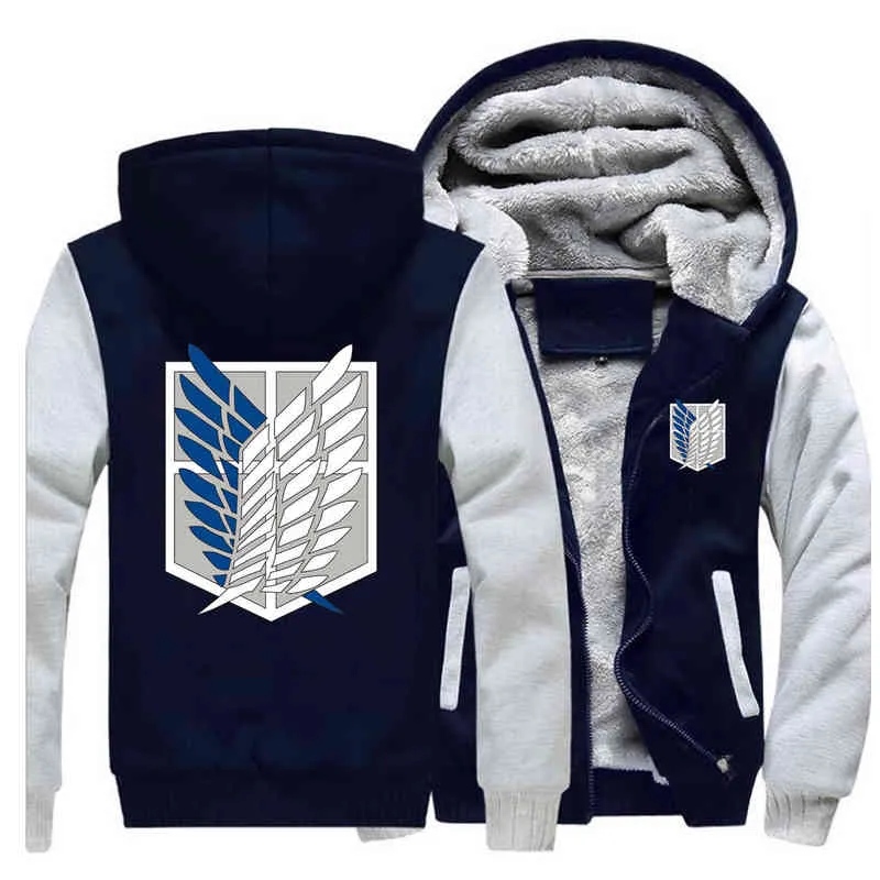 Atak na Tytan Gruby Bluza Skrzydła Wolności Fleece Płaszcz Japonia Anime Bluza Mężczyźni Zipper Kurtka Zimowa Ciepła Streetwear Hoody W220221