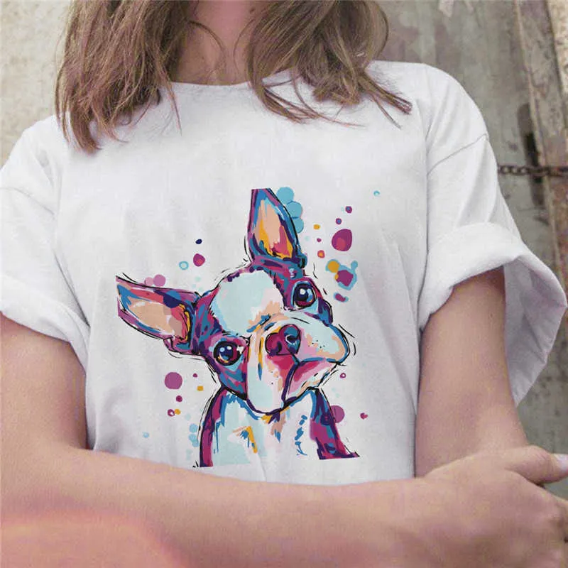 Pintura a óleo lutando impressão mulheres t-shirt de manga curta bonitinho cachorro gráfico t-shirt harajuku moda grunge t-shirt fêmea x0628