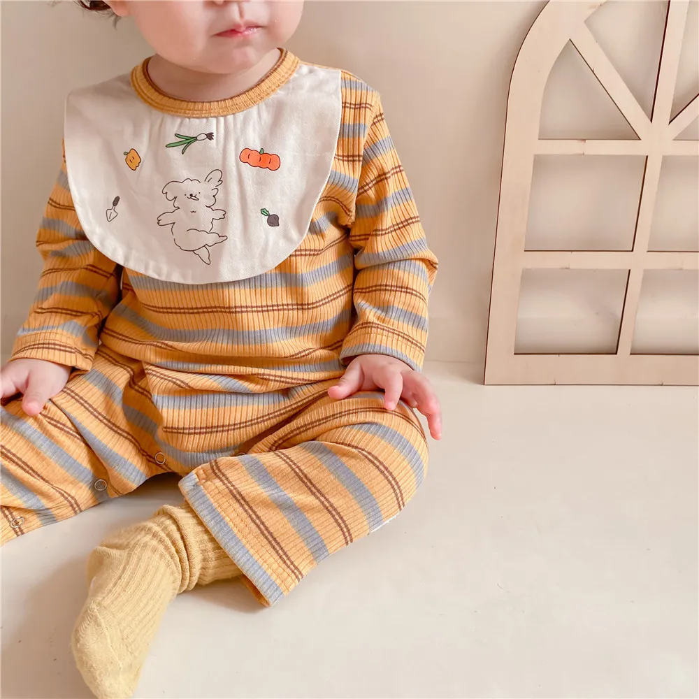 Spring and Autumn striped long-sleeved printed romper baby climbing clothes bibs Coverall girl 210515