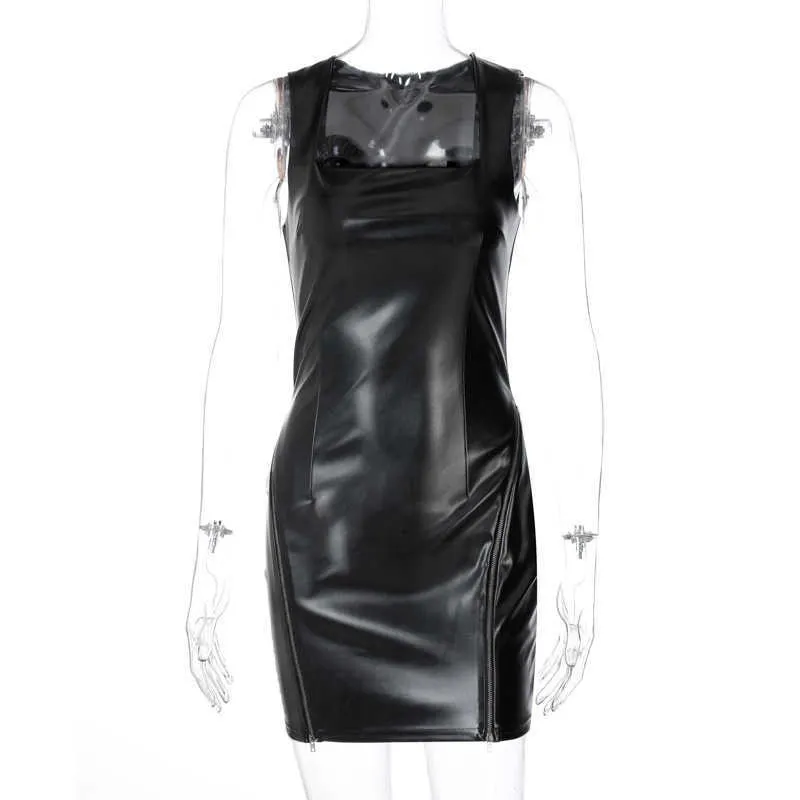 ジッパーステッチブラックドレス女性服と秋の女性のPUレザースクエアの爪のドレス210602
