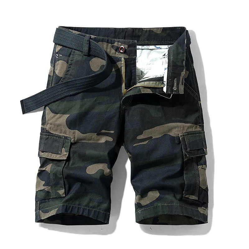 Huncher Cargo Shorts Hombres Verano Camuflaje Bolsillos laterales tácticos Joggers militares Pantalones cortos Casual Algodón Caqui 210629