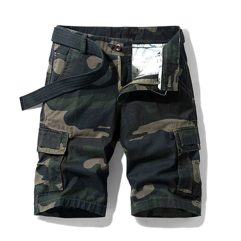 Huncher Cargo Shorts Uomo Summer Camouflage Tasche laterali tattiche Pantaloni militari Pantaloni corti Casual Cotton Khaki 210629