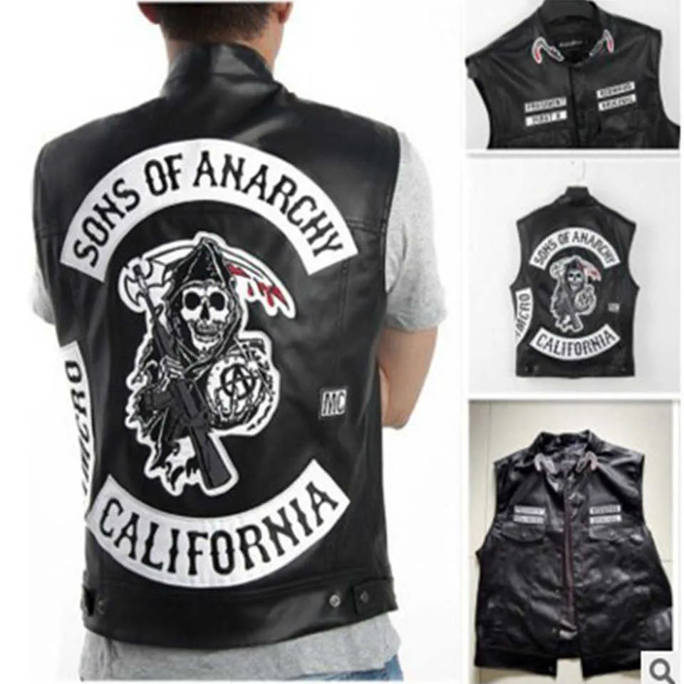 2019 New Fashion Sons Of Anarchy Embroidery Leather Rock Punk Vest Cosplay Costume Black Color Motorcycle Sleeveless Jacket Y0913314B