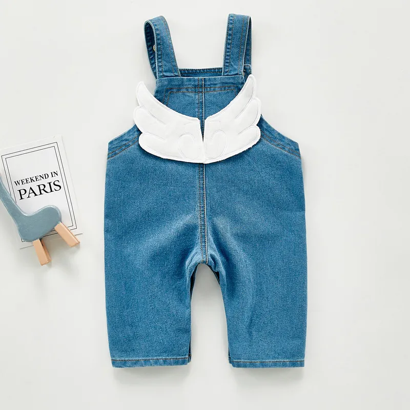 Höst baby sling byxor koreanska tecknade vingar denim byxor solida färg mode toddler barn 210515