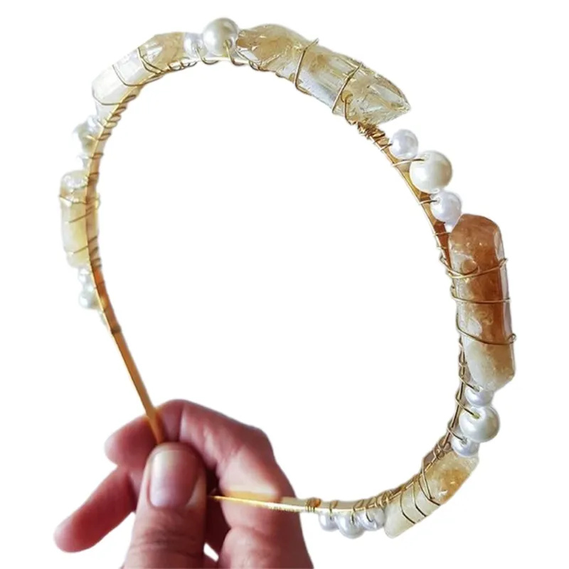 Cerchietto capelli con gioielli da sposa con perline di perle in pietra di cristallo di quarzo grezzo