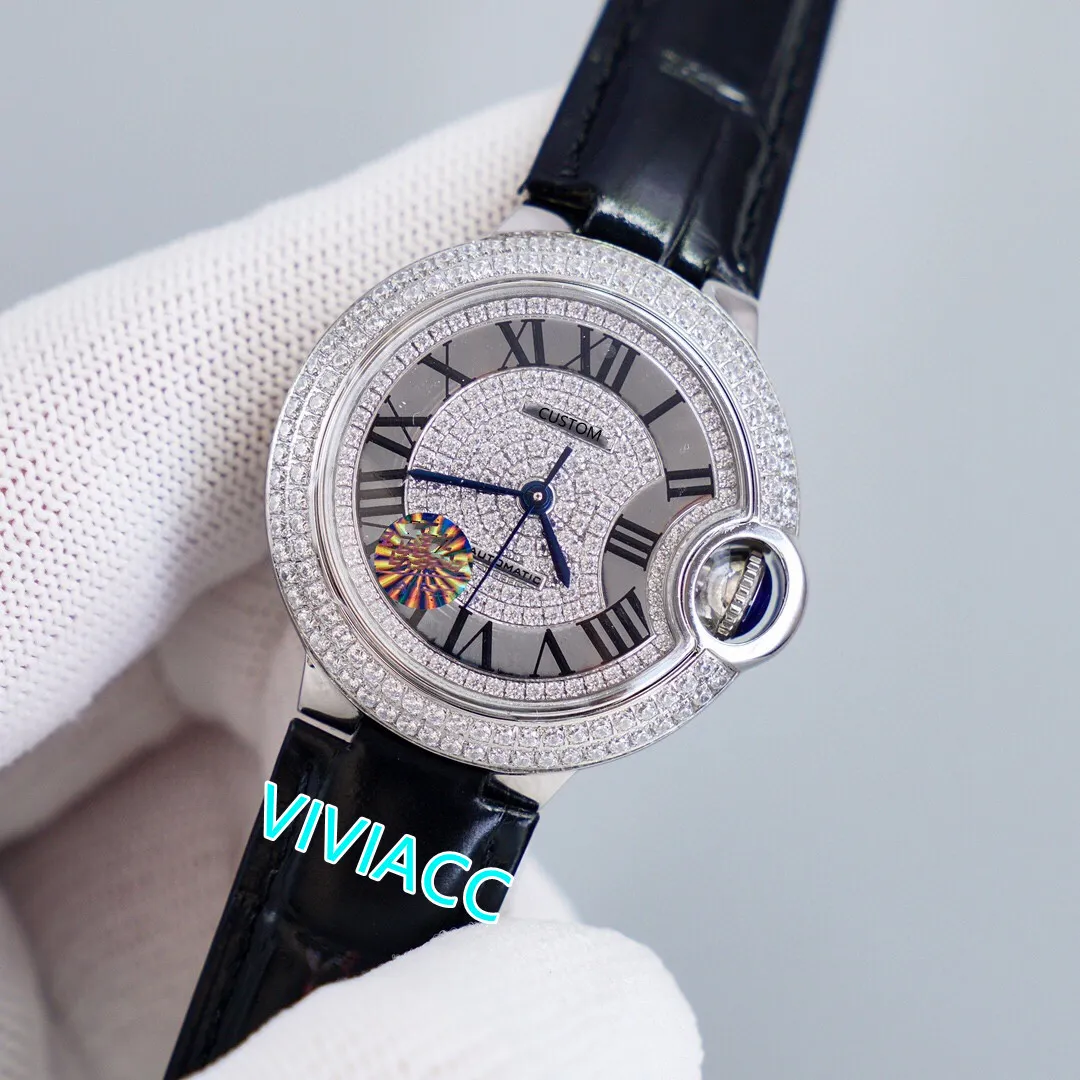 Novas Mulheres Cristal Com Full Diamond Relógios Preto Couro Romano Número Relógio Safira Aço Inoxidável Relógio Mecânico Automático 33mm