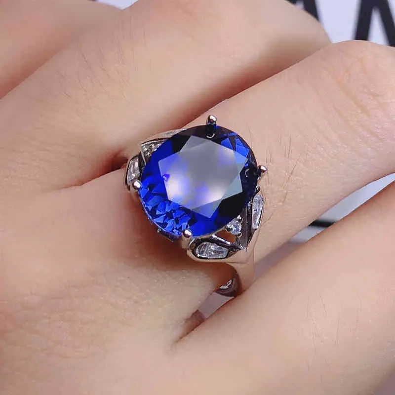 Blue crystal sapphire gemstones diamonds rings for men women couple white gold silver color jewelry bijoux bague wedding gifts305r
