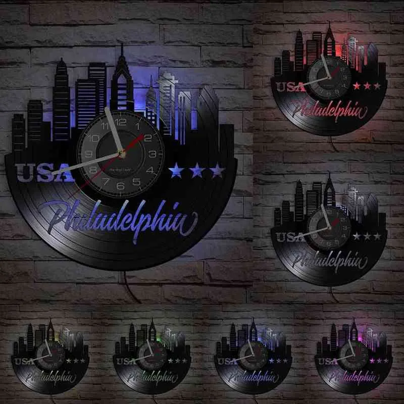 Philadelphia Skyline Minimalist Wall Clock Philly Cityscape Artwork Vinyl Record Clock Wall Watch Pennsylvania Modern Home Decor H1230