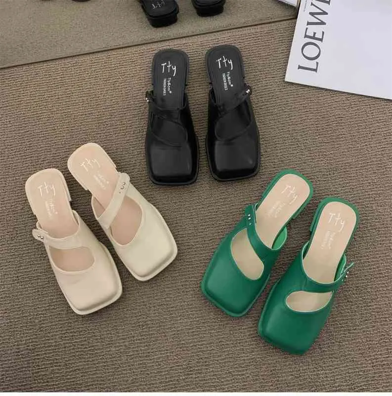 BAILAMOS BAOTOU Halve slippers Outdoor Luie Slippers Dames 2022 Mode All-match Square Teen Flats Retro Mule Schoenen Beach Sanda Y220224