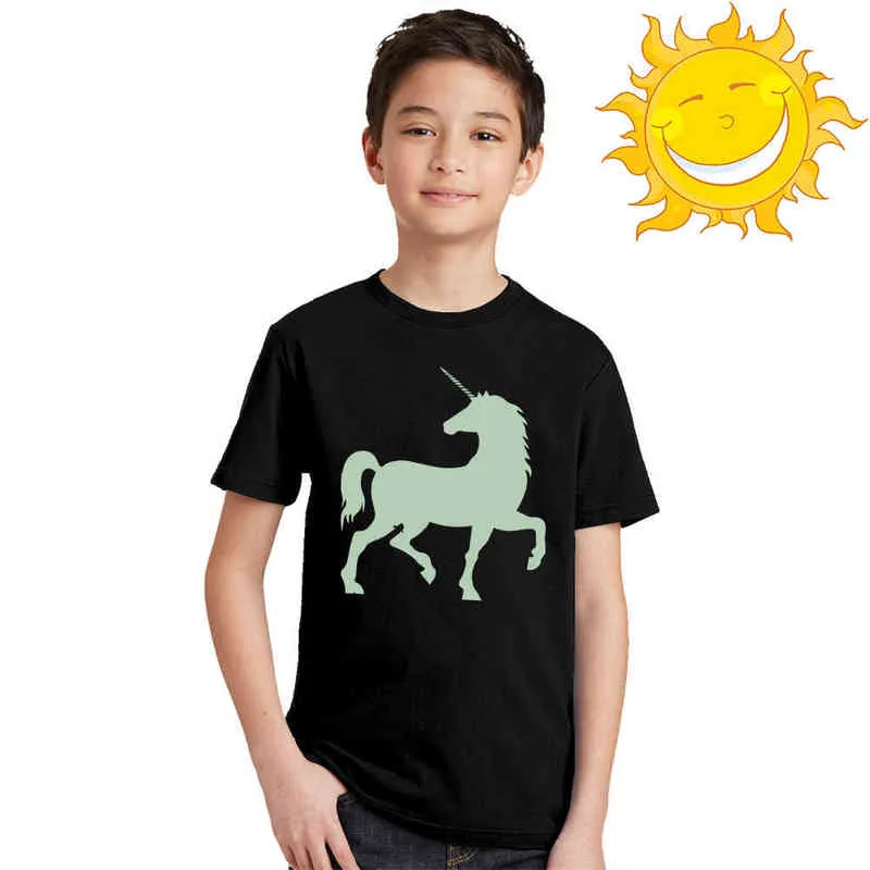 Lysande mode cool unicorn barn pojke tjej sommar t-shirt glöd i mörka tonåringar toddler t-shirt fluorescerande casual toppar tee 49d2 g1224