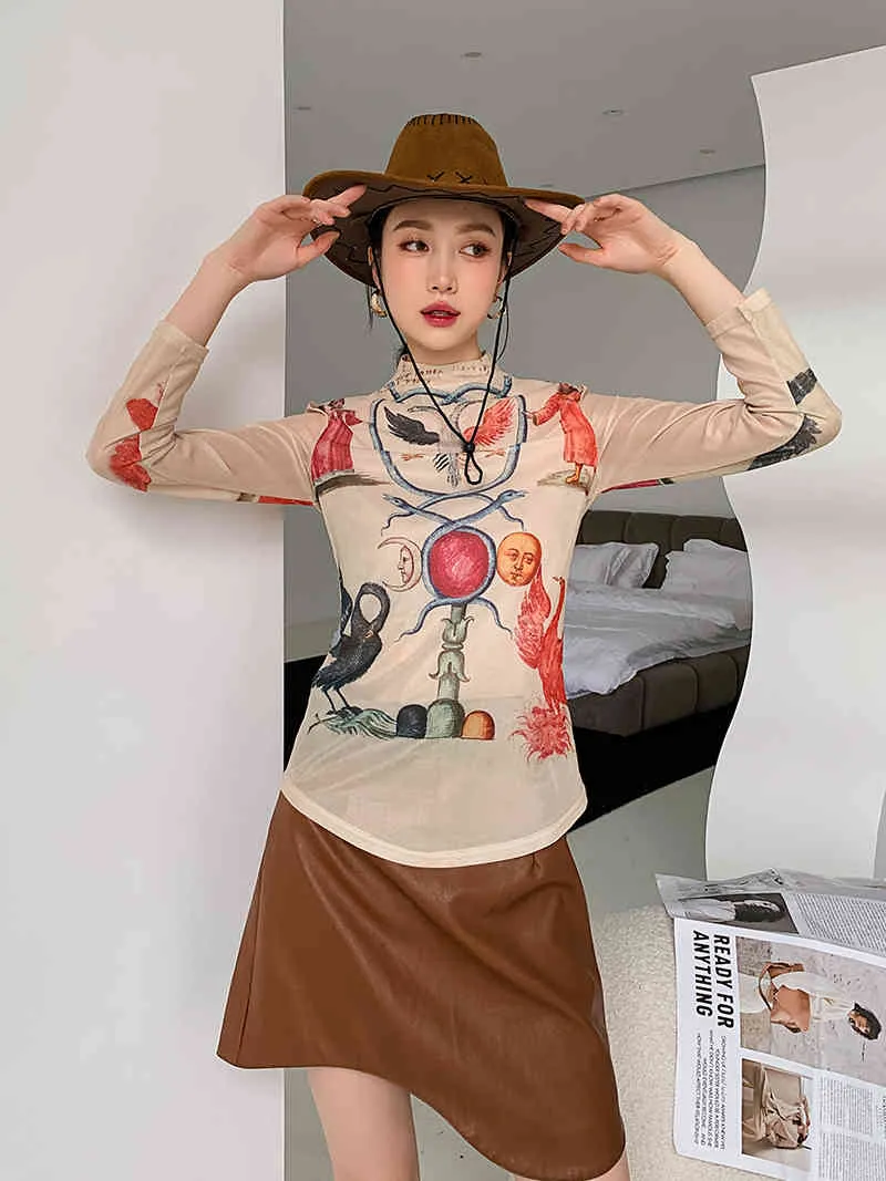 Korobov Sommer Neue Ankunft Frauen T Tops Koreanische Cartoon Druck Stehkragen Langarm Meah T Shirt Streetwear T Shirts 210430