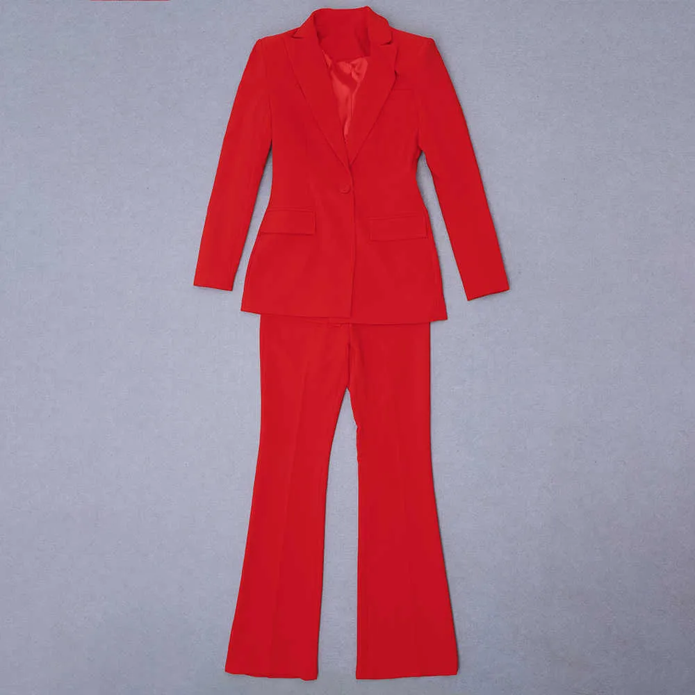 Ensemble de vêtements d'hiver pour femmes Sexy rouge à manches longues Blazer manteaux bureau dame deux pièces botte coupe pantalon costumes 210527