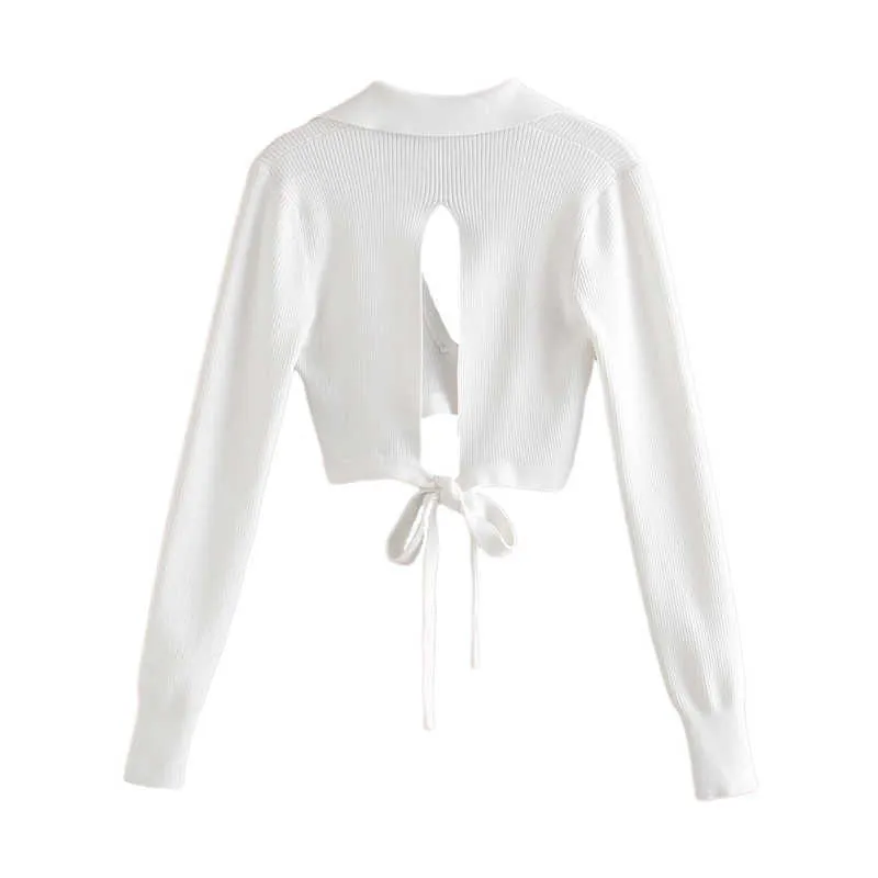Streetwear Kadınlar Katı Beyaz V Yaka Gömlek Moda Bayanlar Yay Örme Kısa Üstleri Seksi Kadın Chic Backless Bluzlar 210527