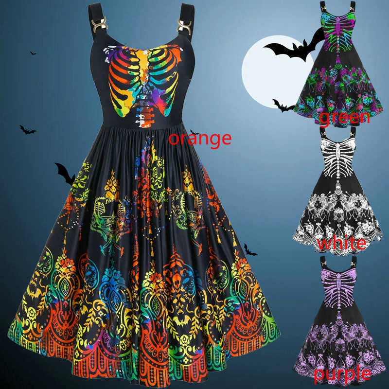 5XL Plus Size 2021 Halloween Goth Pumpkin Bat Print Costume Dress Sexy Midi O-Neck Lace Dress Fancy Horror Party Dress for Girl Y1006