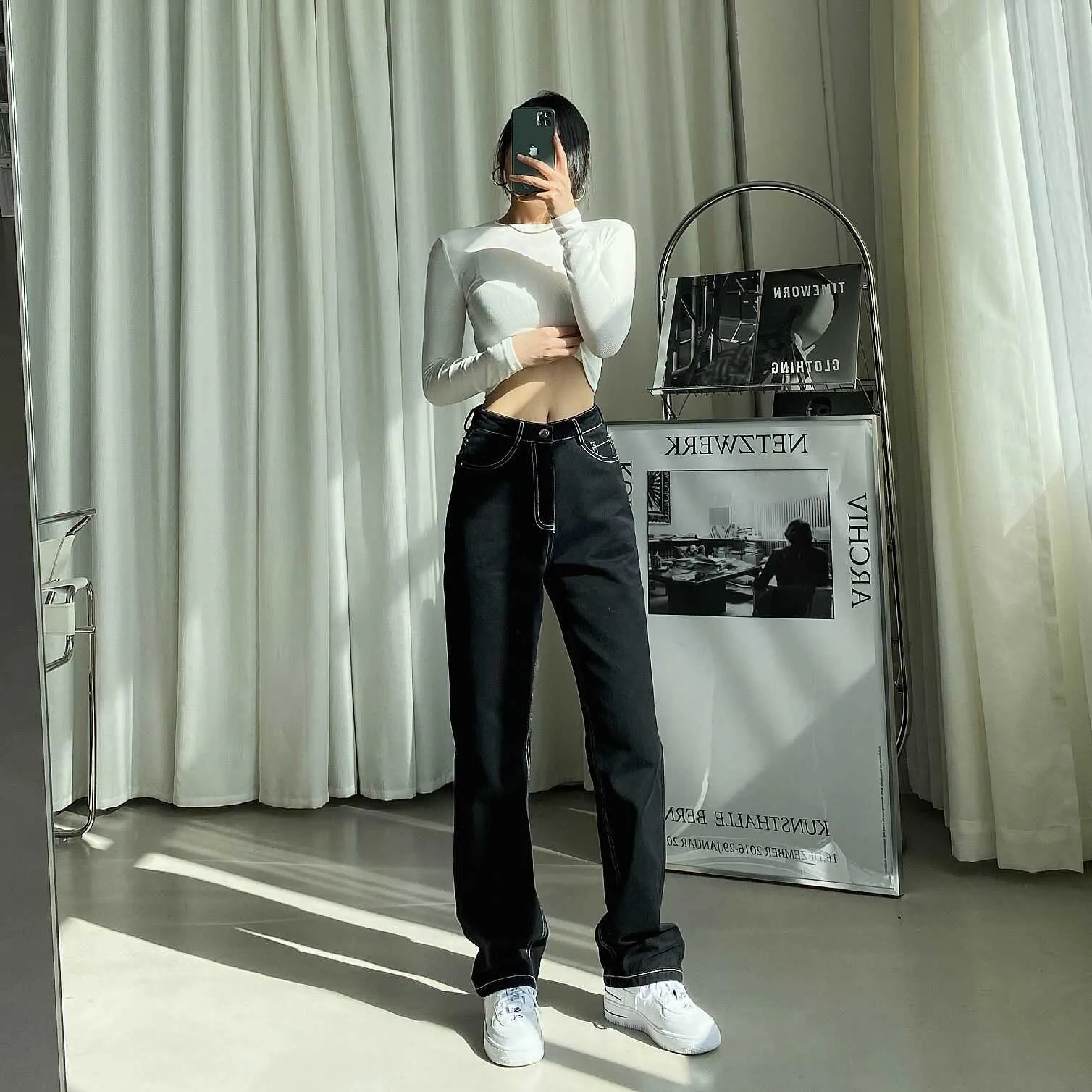 Mode coréenne Jeans blancs pour femmes taille haute long pantalon streetwear pantalon droit pantalon denim dames baggy femme noir 210629