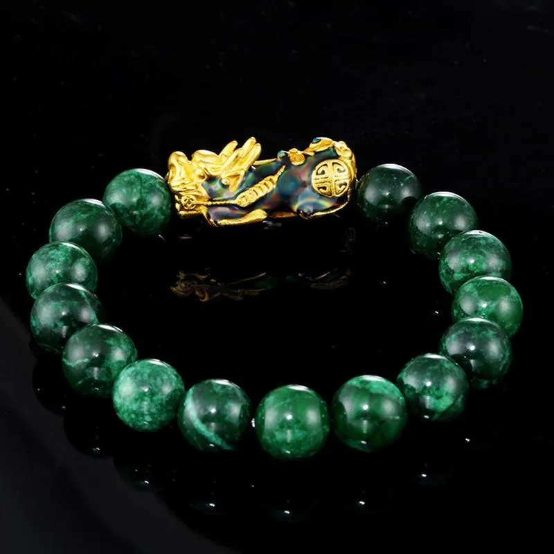 Perline di onice verde naturale Bracciale con ciondolo Pixiu dorato Pietra energetica Fortunato donne Uomini Brave Wealth Feng Shui Bracciali con perline Str2783