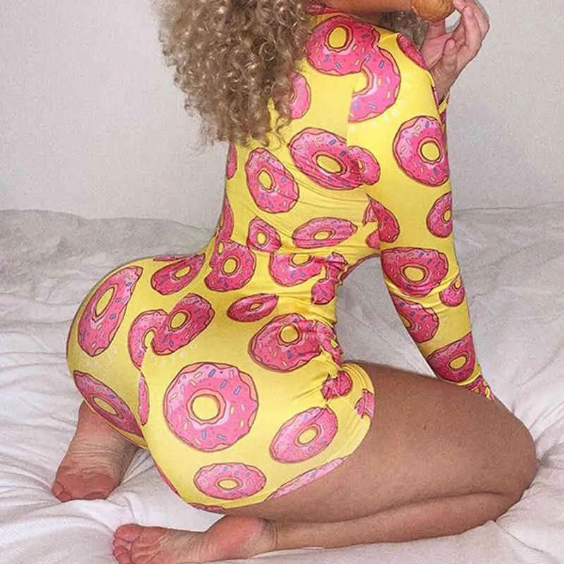 Продажа женщин комбинезон съемные моды мода Bodycon Fitness Rompers Donut Print Полный рукав комбинезон случайных 210517