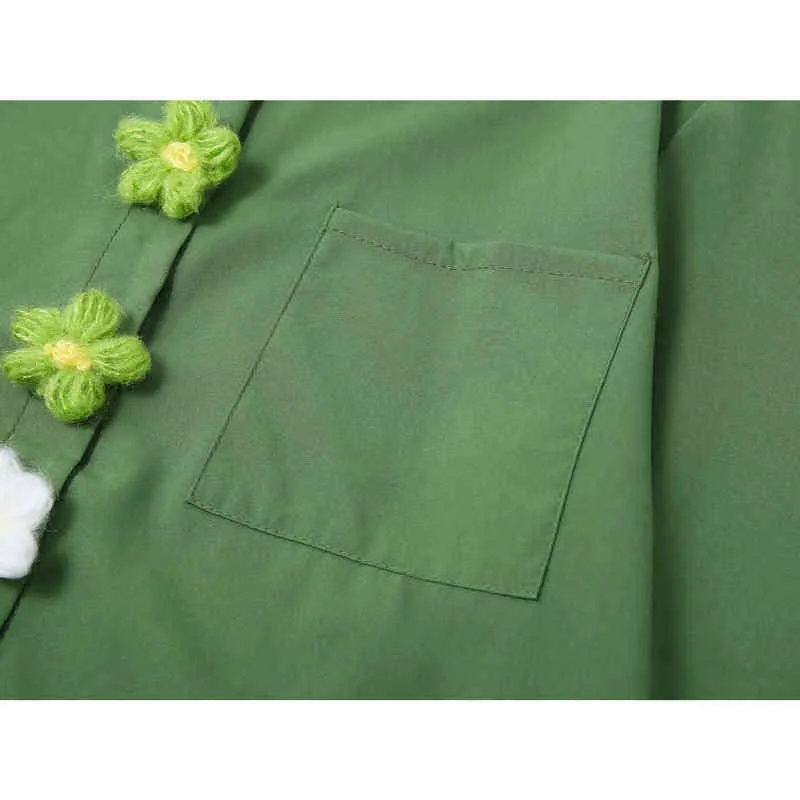 Femmes Blouses Col rabattu D'été Chemises Vert Vintage Harajuku À Manches Courtes Femme Casual Coréen Chic Chemise Crop Tops 210515