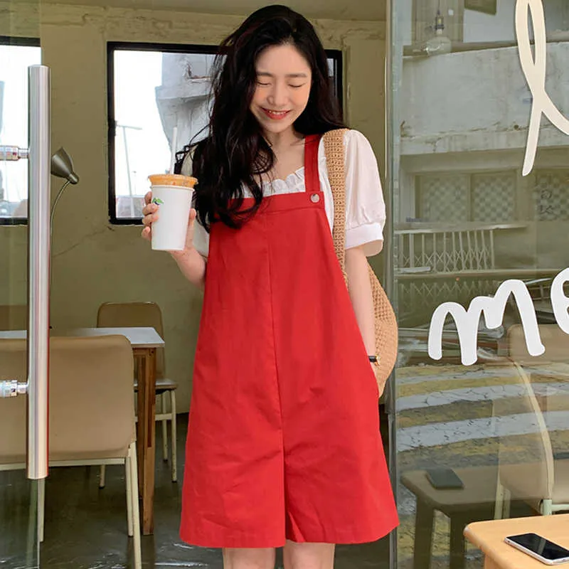 Korjpaa Kvinnor Sommar Koreanskt Chic Sweet Square Collar Trä öron Puffhylsa Skjorta Lösa Casual Suspenders Jumpsuit 210526