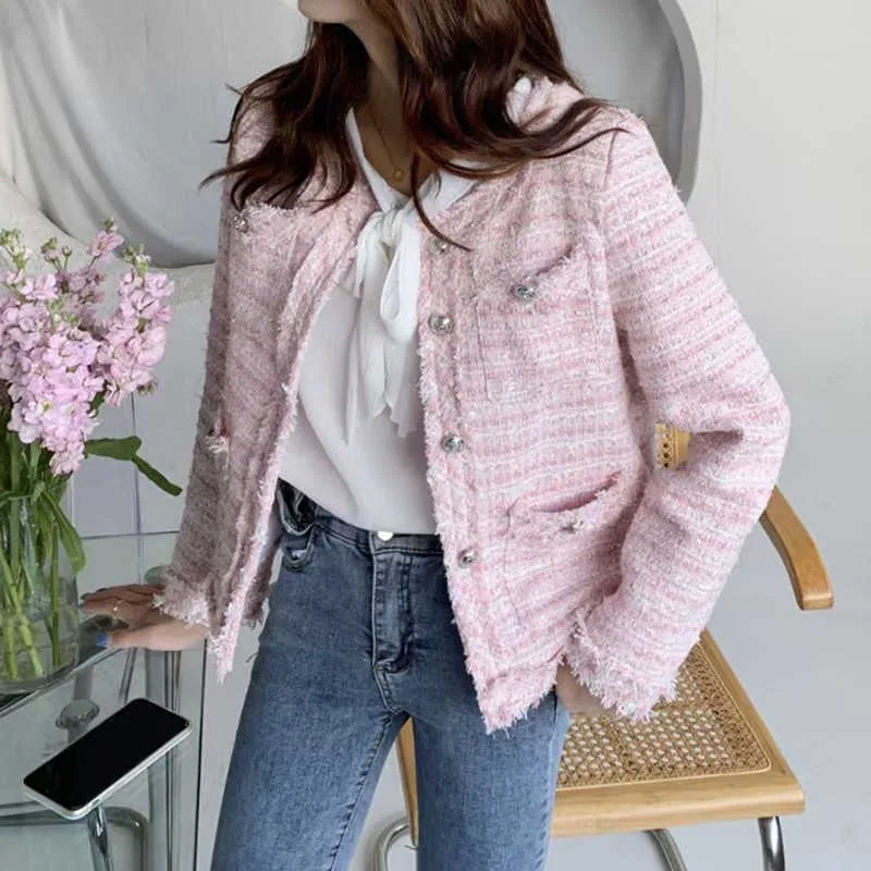 HMA Fashion Spring Autumn Tweed Jackets Women Single Breasted Elegant Office Lady Woolen Coats Casual Vintage Outwear 211018