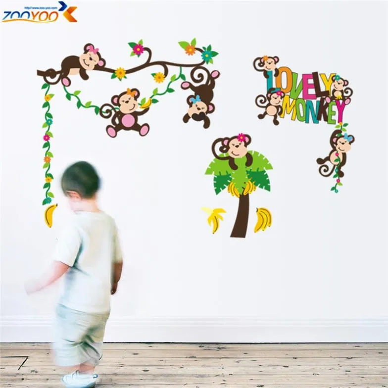 Lovey Monkey Tree Wall Sticker ZooYoo 1217 Décorations de chambre de bébé Stickers de dessins animés Stickers muraux pour enfants Décoration de la maison DIY Art mural 5.0 210420