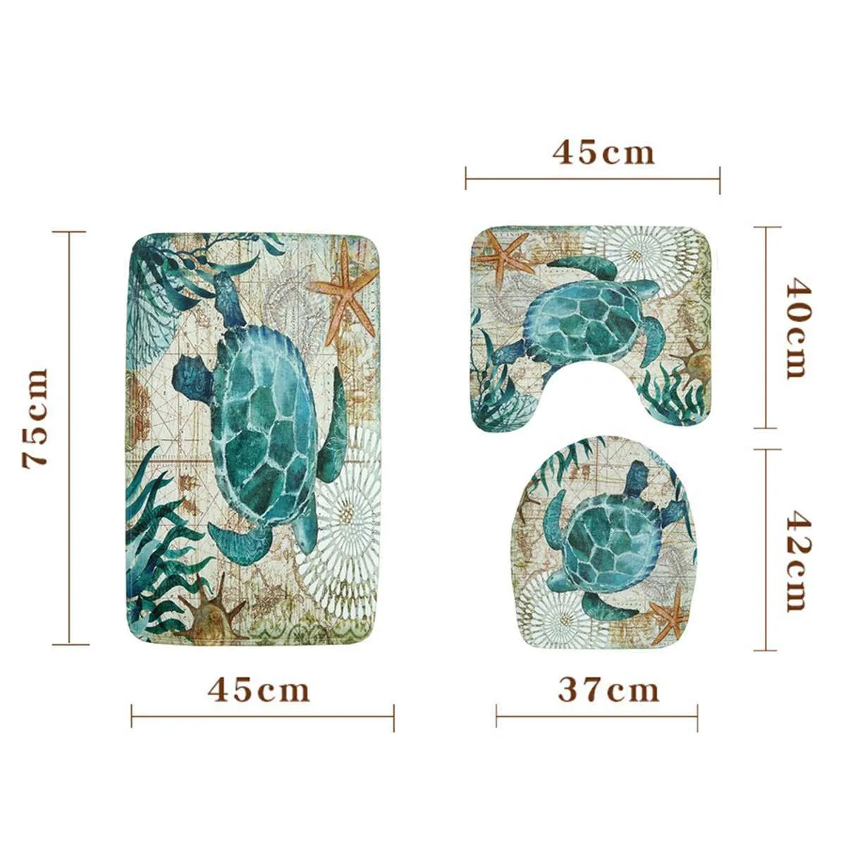 Tortues de mer 4 en 1 Salle de bain en tissu imperméable Ensemble de rideau de douche 3D avec couverture de toilette antidérapante Tapis Tapis Décoration de la maison 210402