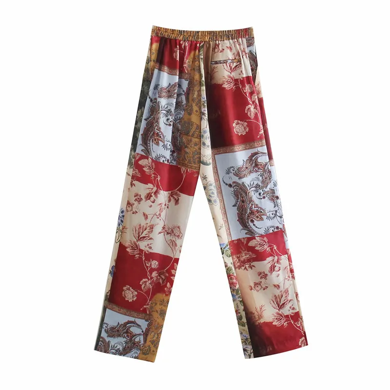 Pantalones de cintura alta de retazos de gran tamaño para mujer, pantalones elásticos Vintage sueltos rectos a la moda de primavera para mujer 210515