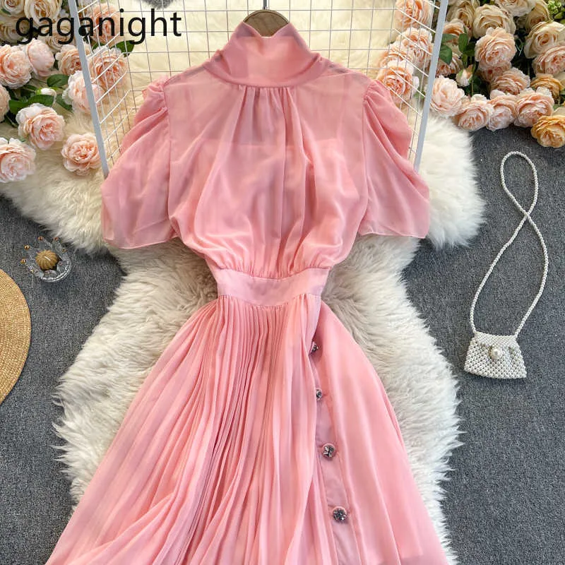 Femmes élégantes Rose Party Maxi Robe Été À Manches Courtes Robe En Mousseline De Soie Froncé Dames Vintage Banquet Bandage Robes 210601