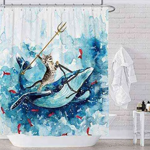 オーシャンウェーブパターンのクジラの防水シャワーカーテンに乗っている面白い猫の創造性チャイルドバスルームの装飾フック布バスカーテン25403988