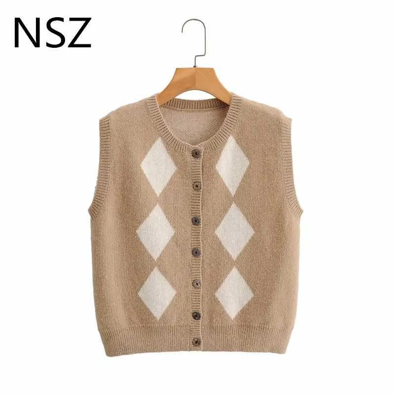 NSZ donne maglione stile argyle gilet autunno moda crop top senza maniche rombo cardigan lavorato a maglia maglione canotta canotta gilet 211008