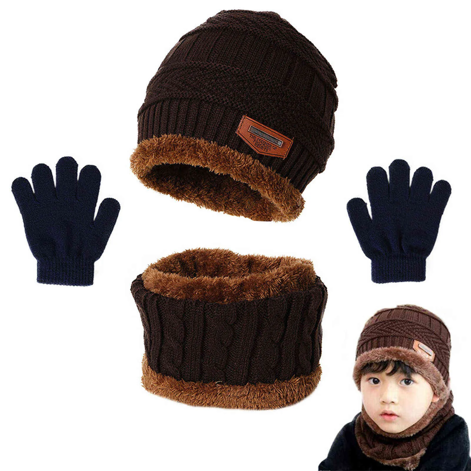 3 pièces hiver enfants bonnet chapeau écharpe bouche masque ensemble tricoté chaud polaire Ski extérieur pompon fille garçon enfant visage garder