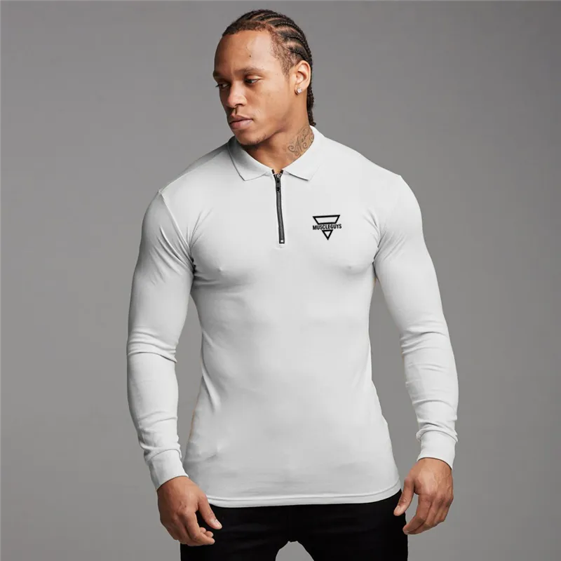 MuscleGuys Polo Shirt Mens Lange Mouw Rits Draai aan Kraag Slim Fit Ademend Gym Kleding Bodybuilding Fitness Poloshirt 210421