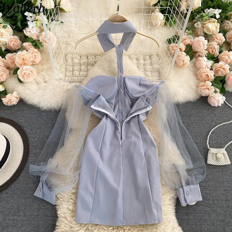 Woman Dress Turn-down Collar Gauze Patchwork Hollow Out Vestidos Sexy Lady Sweet Puff Sleeve Bodycon Mini Dresses 210519