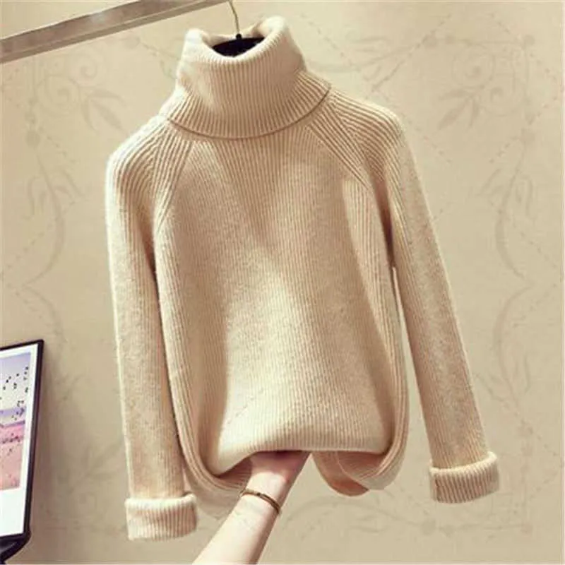 Blue Knitted Pullover Sweater Korean Warm Turtleneck Long Sleeve Casual Loose Female Knitwear Jumper Autumn Winter 211011