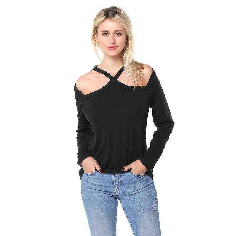 Off Shoulder Halter Casual Girls T-shirt Women Long Sleeve White Black Tshirts Female 2020 Summer Fashion Ladies T Shirts Tops G220228