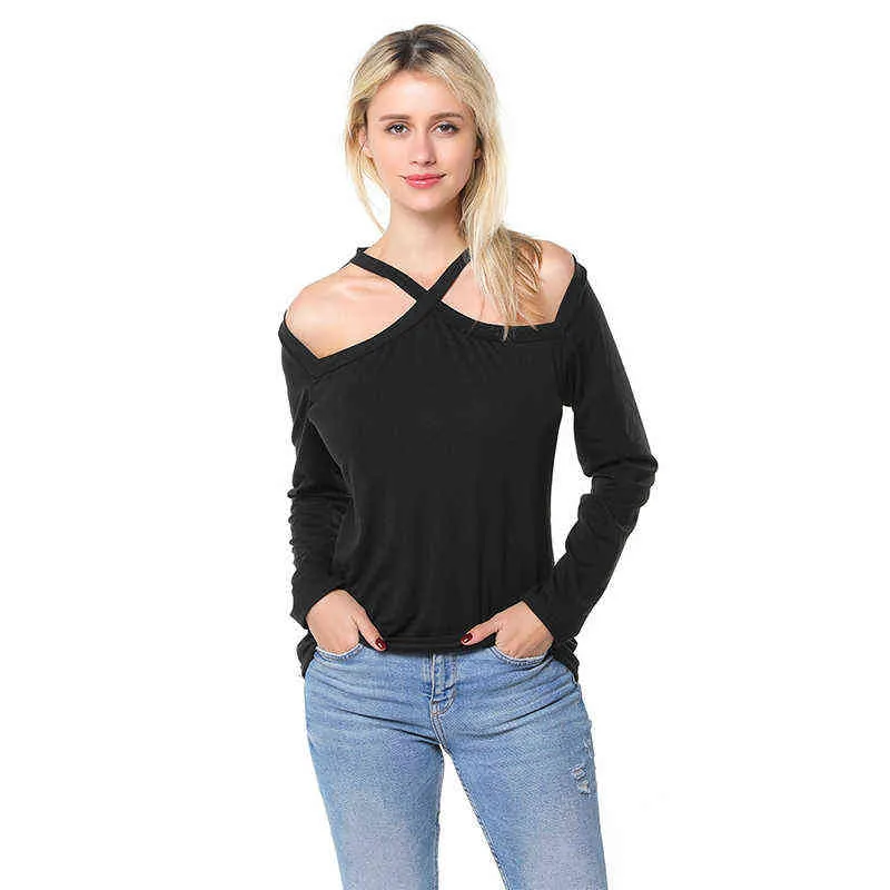Off spalla Halter casual ragazze T-shirt da donna manica lunga bianco nero magliette femminili 2020 estate moda donna magliette top G220228