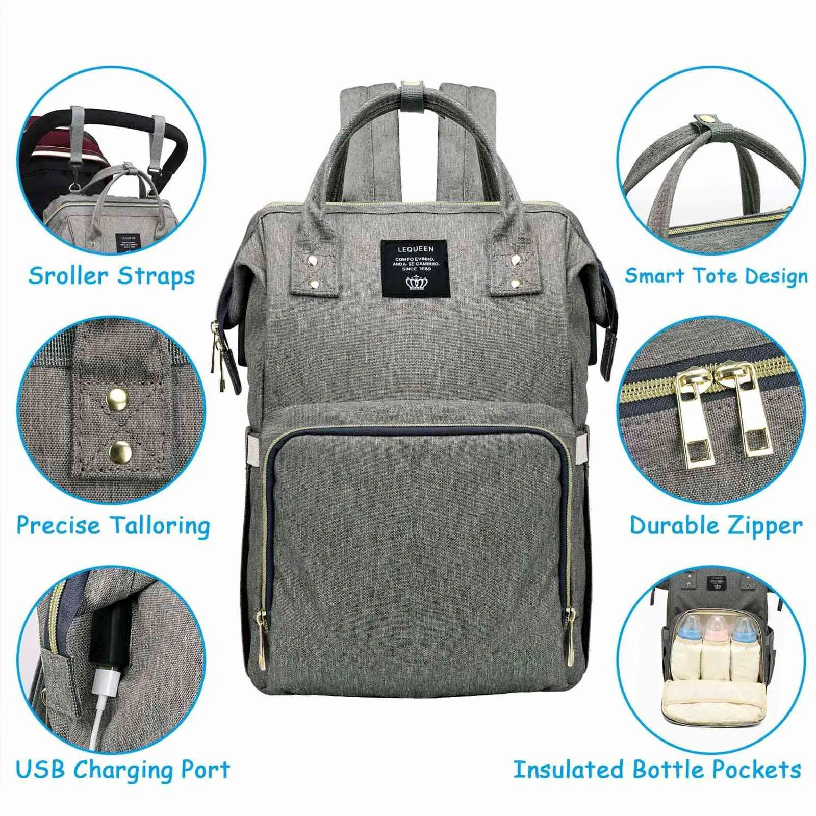 Saco de fraldas de grande capacidade mochila à prova d'água para maternidade Sacos de fraldas para bebês com interface USB Múmia Saco de viagem para carrinho H1110
