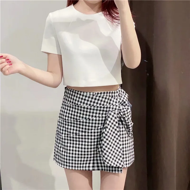 Kadın Skort Siyah Beyaz Ekose Yüksek Bel Kısa Etek Kadın Moda Gingham Ön Düğüm Rahat Yaz Şort 210519