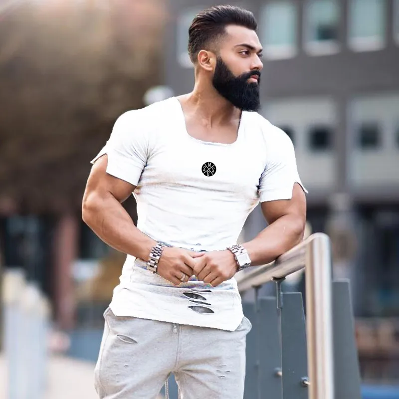 New Summer Clothing Fashion Ripped Hole T Shirt Men Cotton Breathable Mens Tight Short Sleeve Fitness t-shirt Gyms Tees 210421