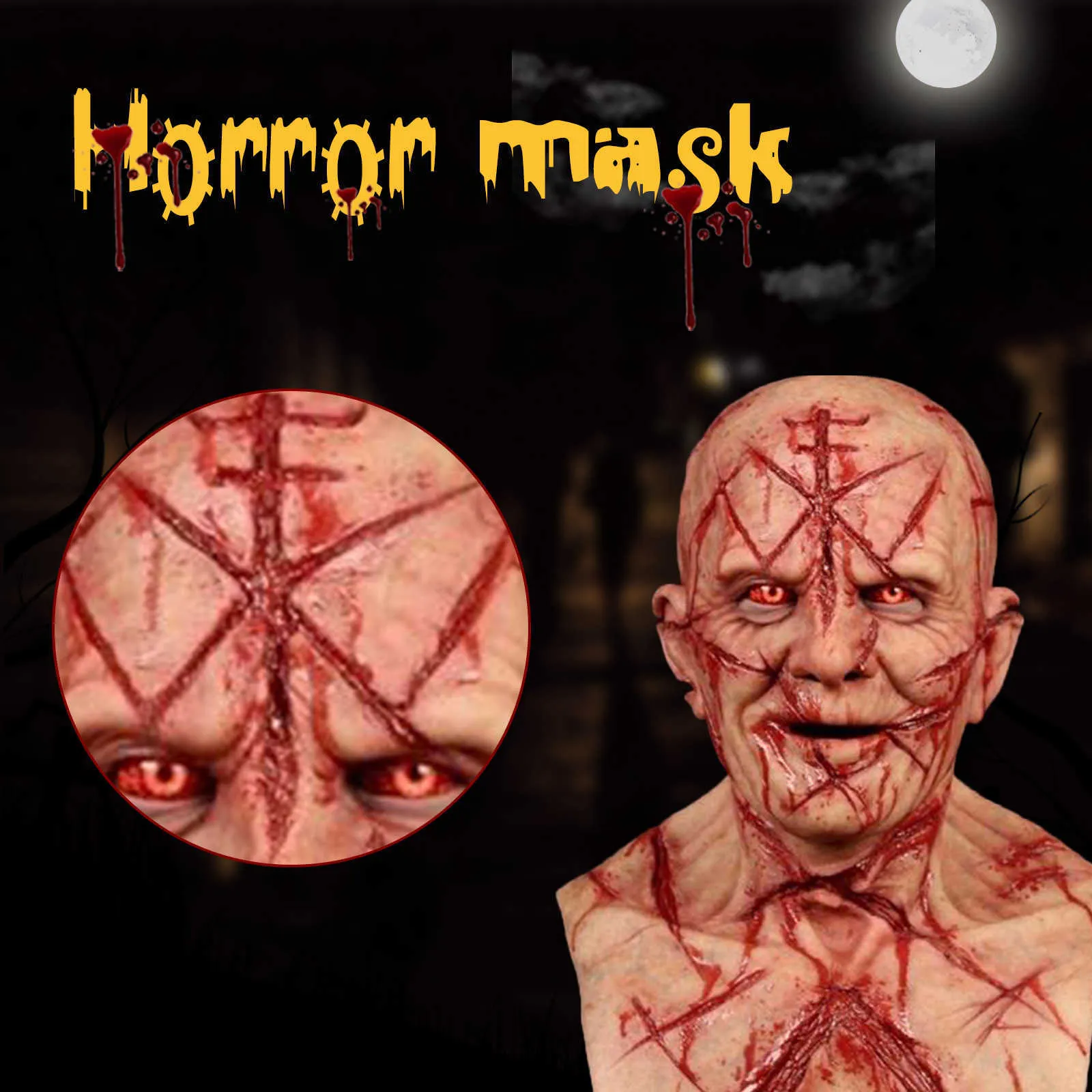 Skrämmande Bald Blood Scar Mask Skräck Blodig Huvudbonad 3D Realistisk Human Face Emulsion Latex Vuxna Andas Masque H0910