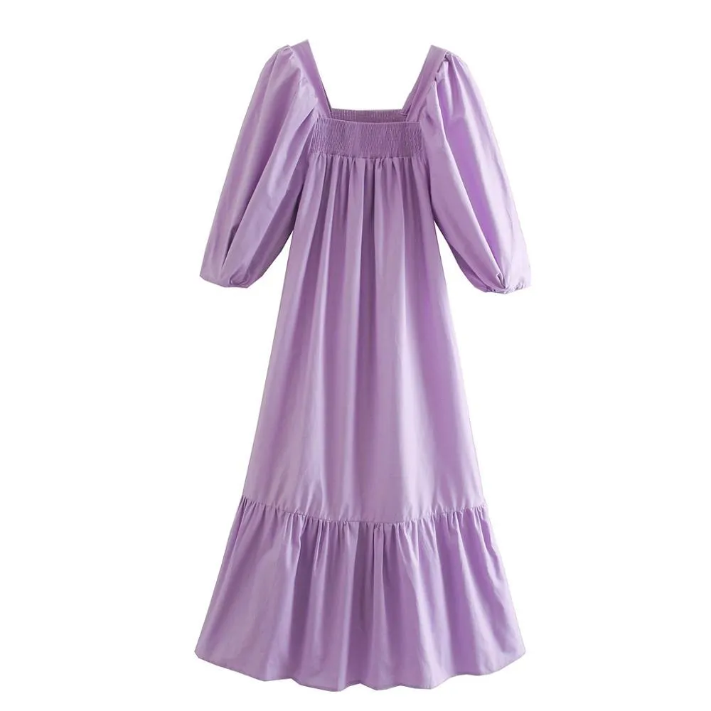 Праздничный стиль эластичный квадратный воротник Maxi длинное платье Богемская женщина плиссированные ruched слоеный рукав свободные платья женский розовый 210429