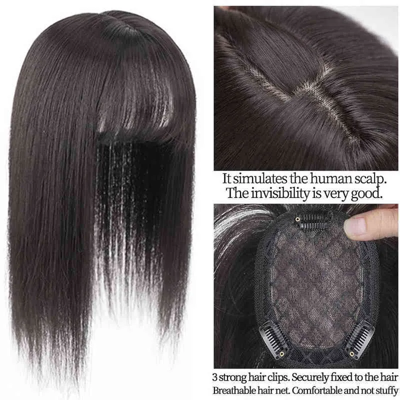 SHANGKE Topper de cheveux synthétiques raides courts avec une frange Invisible 3D Topper de cheveux pour les femmes Clip de vague d'eau dans les extensions de cheveux 220208