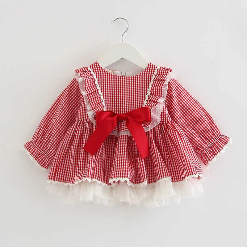 Spanish Girl Dress Toddler Boutique Red Plaid Baby Girls Long Sleeve Cotton Frocks Spring Summer Spain Clothes 210615