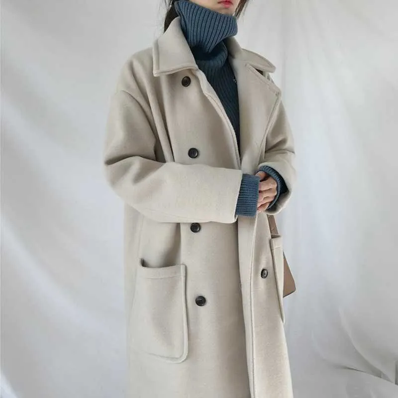Manteau en laine pour femmes mode couleur unie veste femme automne et hiver lâche chaud long dames haut tendance 210527