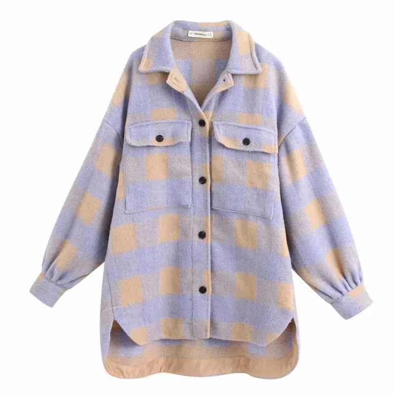 Kvinnor Fritid Lila Plaid Loose Woolen Shirt Jacka Kvinna Dubbelfickor Oversize Outwear Coat Chic Långärmad Tops CT387 210603